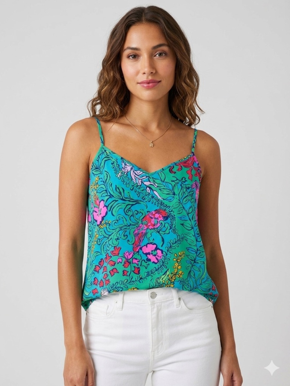 Lilly Pulitzer Shake your Tailfeathers Tropical Floral Bird Silk Top Tank Smal
